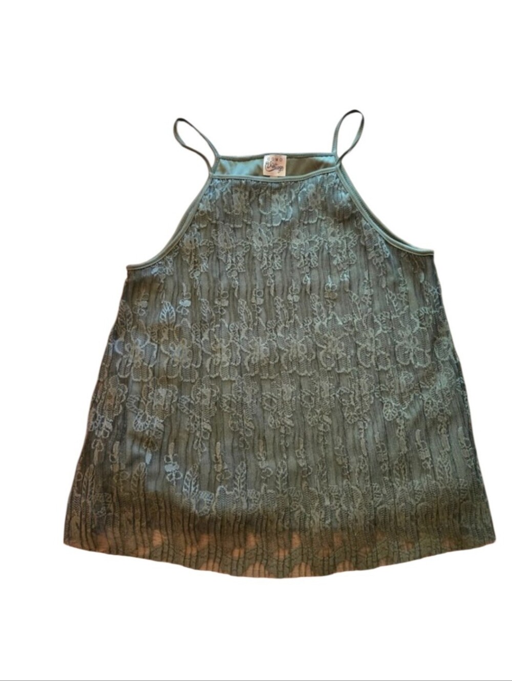 Boho Como Vintage Olive Green Lace Halter Tank Top Spaghetti Strap Large